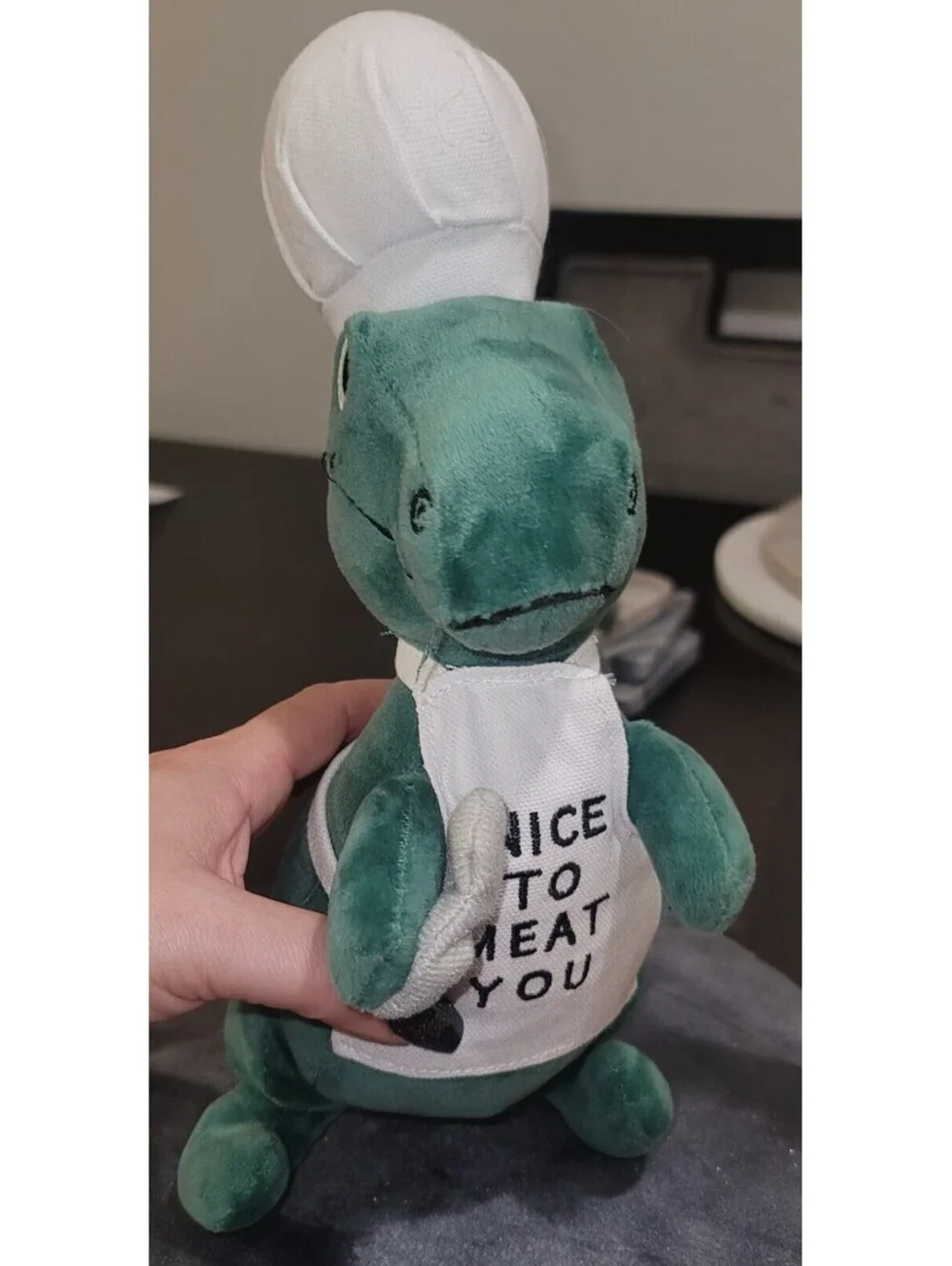 FRINGE NICE TO MEAT YOU APRON CHEF HAT GREEN DINOSAUR PLUSH DOG PET TOY M/L